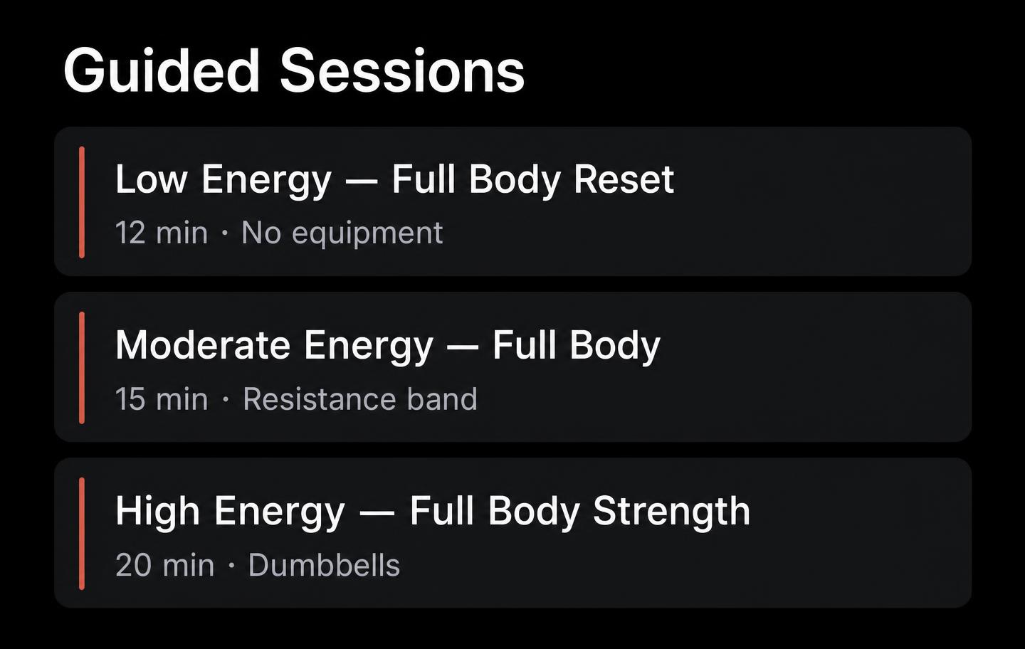 Workout Sessions screen showing resistance workouts matched to low, moderate and high energy levels